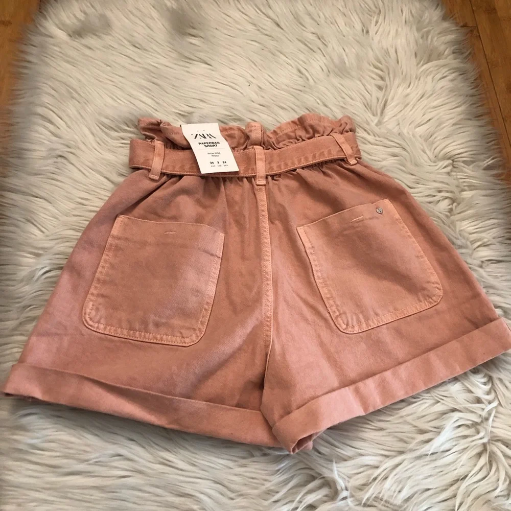 Zara High Waist Paperbag Pink Denim Womens Shorts with Belt size 2 (34)